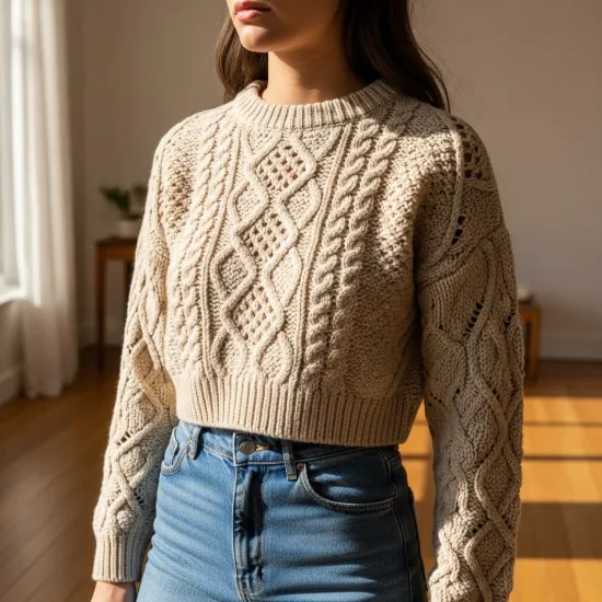 Pera Ajurlu Saç Örgü Detaylı Crop Triko Kazak