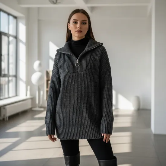 Riva Yarım Fermuarlı Selanik Örgü Oversize Kazak