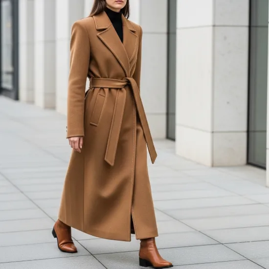 Diana Kuşaklı Yün Karışımlı Uzun Kaşe Kaban